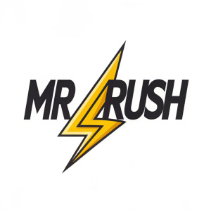 Modern logo featuring a sleek, stylized lightning bolt intertwined with the text 'Mr Rush'. Represents power and energy.