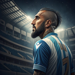 Arturo Vidal, focused and determined look. Wearing blue and white soccer jersey. Indoor stadium with empty stands