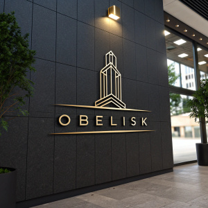 Modern logo design for Obelisk. Minimalistic, metallic finish with dark background. Corporate event setting.