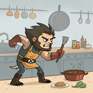 Cartoon Wolverine, furrowed brows, fierce stance, in a kitchen setting. Surrounded by various cooking utensils and ingredients.