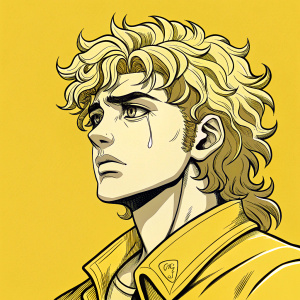 Digital illustration of Dio Brando, character from JoJo's Bizarre Adventure. Curly hair and sad face. Yellow background with black outlines and shading