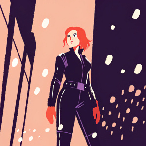 Scarlett Johansson as Natasha Romanoff, aka Black Widow. Wears black leather outfit, with red hair. Background is a dark alley at night, filled with neon lights