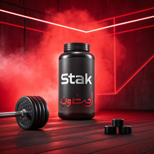 Digital ad for STAK muscle supplement featuring a sleek black bottle with bold Arabic text and a red background, aimed at fitness enthusiasts in the Middle East.