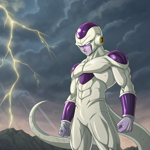 Golden Frieza, with striking white and purple hues, strikes a powerful pose in the Dragon Ball Z universe.