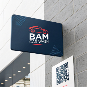 BAM CAR WASH business card design. Modern, sleek look with dark blue background. Stylized car logo and QR code for digital access.