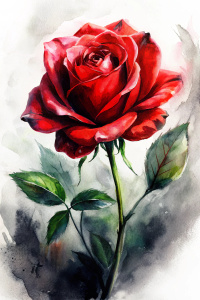 vector art, A single unbloomed red rose with green leaves and branches, hdr BRIGHT AND VIBRANT color. white background