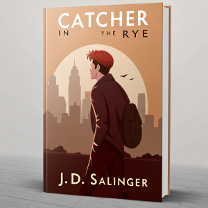 Book cover for 'The Catcher in the Rye' by J.D. Salinger. Simple graphic design in orange and brown. Male protagonist with short red hair. Cityscape silhouette background.