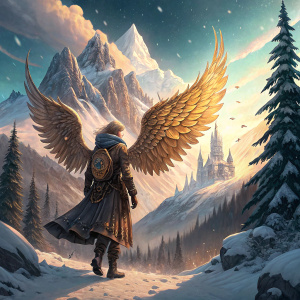 Illustration for 'The Legend of Levitika: The City of Angels' by B.D. Weddell. A steampunk angel with intricate golden wings stands amidst a snowy, mountainous terrain. A majestic castle looms atop a distant peak, under a swirling, vividly colored sky.