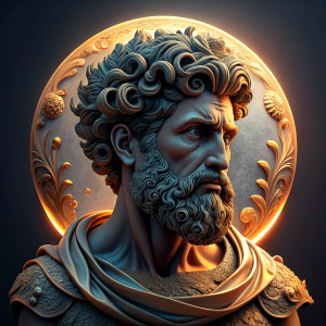 create me an ebook cover on Stoicism, for quotations, balck a greek style marble statue of Marcus Aurelius, twilight, eclipse, rushing fire, stoicism