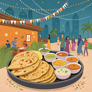 101 Parathas, a vibrant restaurant in Dubai, offers an array of colorful and appetizing parathas perfect for office parties. Their menu features parathas served with various dipping sauces, all presented in an eye-catching display.