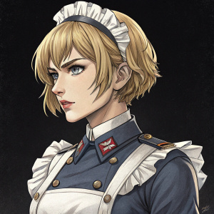 Sketch of Artoria Pendragon. Confident female with short hair and striking facial expression. Wears a mix of military and maid attire. Simple black background.