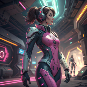 Digital art of a female character inspired by Overwatch's Dva. She has a confident expression and is wearing a snug, futuristic bodysuit with pink accents.