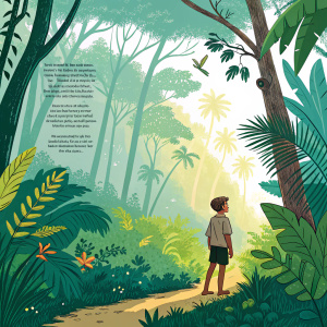 An excerpt from 'Lord of the Flies' by William Golding. Colorful graphic novel format with vibrant illustrations. Page features a boy standing alone in a lush tropical forest, described with vivid details. The layout is modern with engaging visuals.