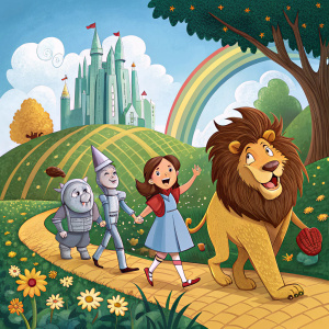Cartoon poster for 'The Wonderful Wizard of Oz'. Dorothy, Scarecrow, Tin Man, and Cowardly Lion in a whimsical, vibrant Oz landscape. Rich colors and castle-like structures dominate the background.