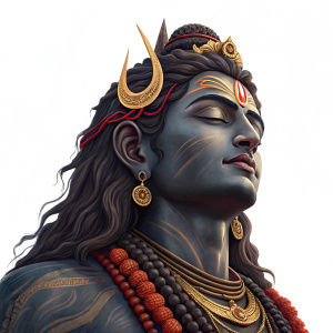 Mahadev, the powerful god, depicted in a close-up shot. Rich tapestry of colors - dark tones, crimson, gold, and more. Ornate garlands and jewelry encircle the deity. Against a plain white background, the focus is on the serene, majestic face of the deity.