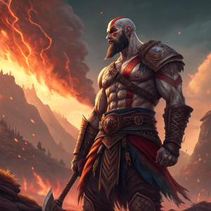 Kratos from God of War in a vibrant digital illustration. He stands in a heroic pose, his physique is muscular and imposing, adorned with intricate armor details. The background is a fiery landscape