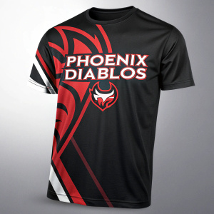Phoenix Diablos merchandise design featuring bold red, black, and white logos on a sleek black t-shirt.
