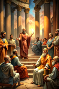 Aristotle, Plato, Socrates in arguing a court room seriously