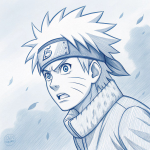 Blue pencil sketch of Naruto character. Expressive and determined face. Lines and shapes emphasized. Background blurred.
