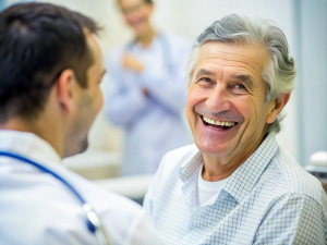 "Happy Patient Smiling at Healthcare Provider"