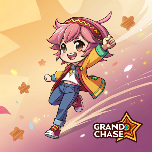 Digital artwork featuring a lively character from Grand Chase. Vibrant colors, youthful vibe. Dynamic background enhances the energetic pose. Grand Chase logo at bottom right corner