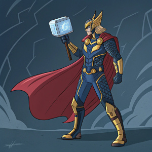 Digital illustration featuring Beta Ray Bill, a Marvel character, standing confidently. He wears a detailed suit of blue, gold, and a red cape. Holding a cube with a cool, bluish tint. Dark background with abstract shapes. Comic book style art.