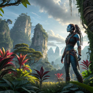 Digital artwork showcasing an avatar character from 'Frontiers of Pandora'. The avatar, a woman in an advanced alien-themed attire, stands amidst a vivid, dense jungle. Surrounding her are towering rock formations and exotic flora with oversized leaves and vibrant hues. The backdrop features the majestic, rugged landscape of Pandora.