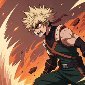 Katsuki Bakugou from My Hero Academia. Manga panel showing intense action scene. Fiery background with dynamic shapes