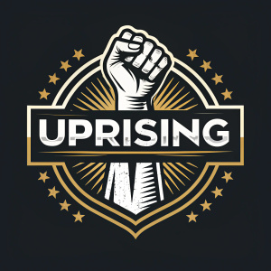 Digital illustration for brand 'UpRising'. Design features a stylized raised fist on left, brand name centered in bold font. Color scheme black, gold, and white accents.