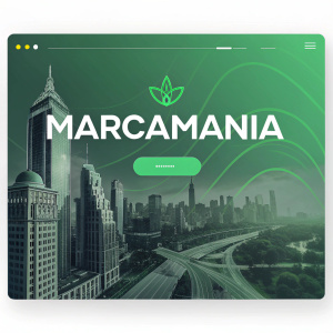 Homepage of Marcamania, an innovative tech startup. Modern, sleek design. Spanish text, vibrant green and cityscape graphics. Prominent call-to-action button in the center.
