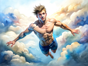 realistic cute shirtless slender tanned smiling guy with short hair wearing shirt tight shorts is flying in the sky among the clouds with great speed, arms spread wide