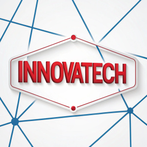 Logo for Innovatech Solutions. The design features a sleek, modern font 'INNOVATECH' in bold red text on a white background with intersecting blue lines creating a geometric pattern.