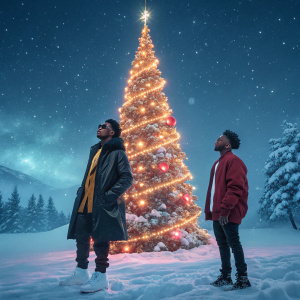 Dej Loaf and Kodak Black's digital album cover for their festive release. Snowy landscape, towering Christmas tree, bright festive lights