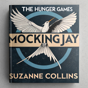 Book cover for 'Mockingjay', third installment of 'The Hunger Games' series. White and grey tones. Mockingjay in flight, dynamic and striking. Suzanne Collins name in large font. Background blue and black.