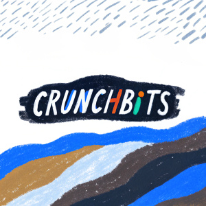 Minimalist logo design for a snack brand featuring the name 'CrunchBits' in a bold, sans-serif font. Vibrant color palette with neon highlights on a sleek black background.