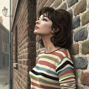 Juliette Greco, the iconic actress, captured in a candid moment. Wearing a striped top with various colors. She is standing against a brick wall, with her thoughtful expression highlighted.