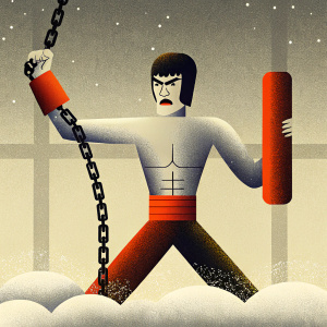 A detailed caricature of Bruce Lee. Dark, gritty background.