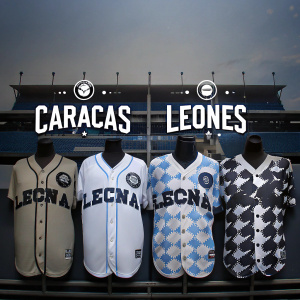 A grid of Caracas Leones baseball jerseys. Each jersey has a unique design and color. Beige, white, and blue dominate. Brand names prominently displayed.