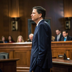James Comey, in a navy suit, standing in a high-profile courtroom. Judges and legal teams in the background, blurred