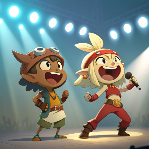 Digital artwork of Wakfu characters. Expressive faces, dynamic poses. Brightly lit studio backdrop