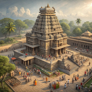 Aerial view of the Chennakeshava Temple, located in Belur, Karnataka, India. The temple's multi-tiered structure, adorned with detailed carvings, stands amidst a bustling crowd of people in both traditional and modern attire.