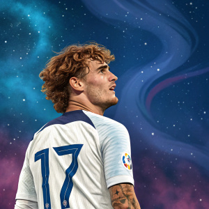 Digital illustration of a soccer player, Antoine Griezmann, wearing a white and blue jersey with the number 17. The background is a swirling galaxy of blues and purples. The player has curly hair and a tattoo visible on his arm.