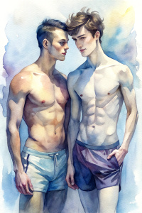 A couple of cute slender muscled shirtless young men with very short dark hair, at full height, wearing swimjammers, putting their hands around each other's waist