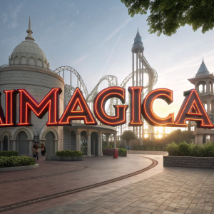 Digital rendering of Adlabs Imagica's corporate logo. Bold neon 'IMAGICA' in center surrounded by architectural structures resembling a theme park.