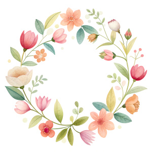 Garland of various flowers around "Thank you", white background