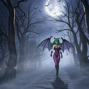 Morrigan Aensland, from the Darkstalkers series, depicted with emerald hair and wings. Standing in a haunted forest at night.