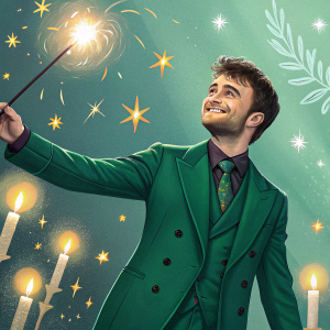 Daniel Radcliffe in a vivid emerald green suit, beaming with a radiant smile. Surrounded by a vividly illuminated backdrop of magical elements from Harry Potter franchise.