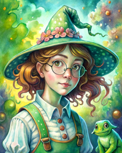 full view of body, side view, lovely preteen witch puffy sleeves frilly apron dress pointy hat glasses holding small frog, Norman Rockwell painting style