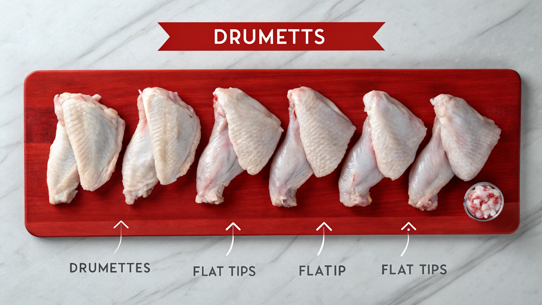 Three chicken wing sections drumette flat and tip on a wooden board