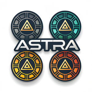 A variety of sleek, modern logo designs for Astra. The logos display the company's name in bold, contrasting fonts over intricate geometric shapes and gradients.